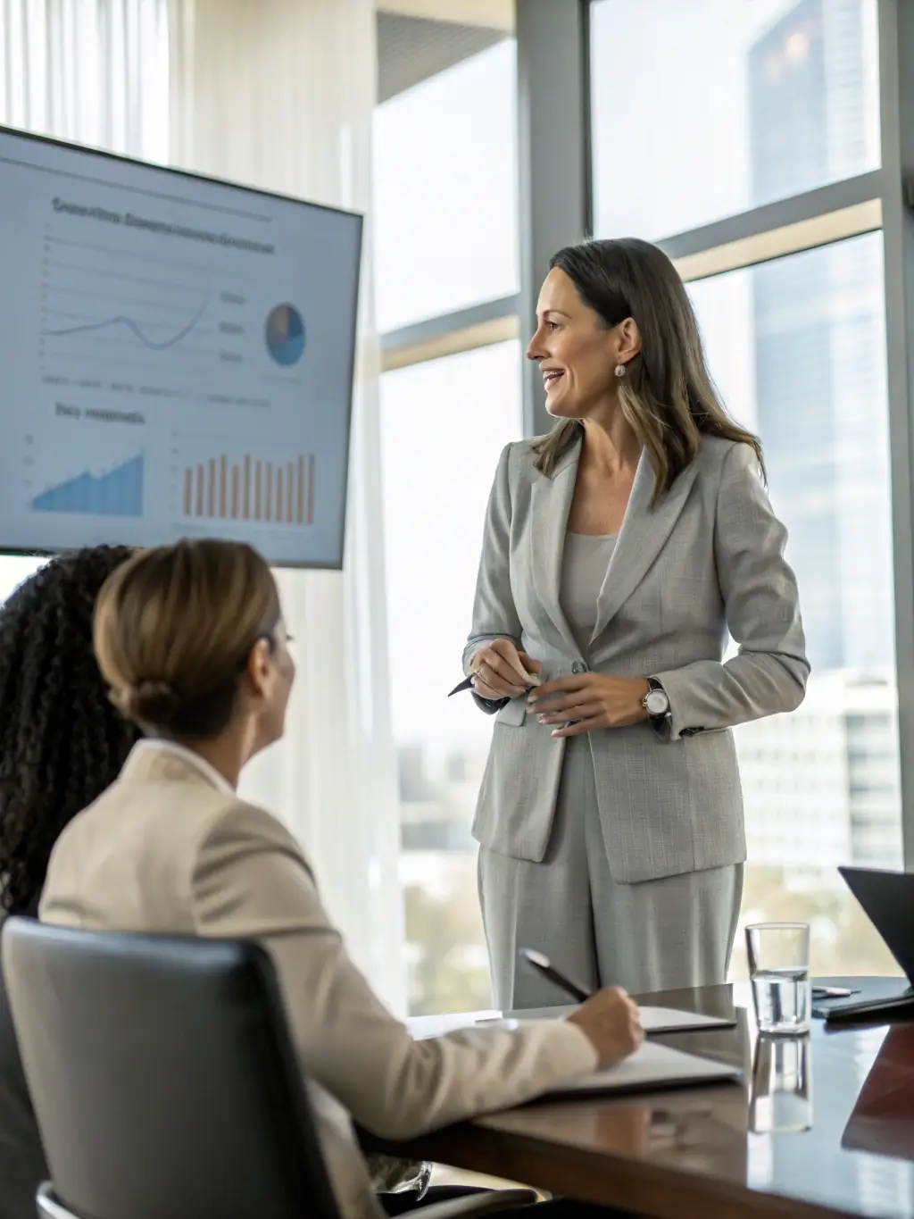 A business consultant presenting a strategic growth plan to automotive executives, with charts, graphs, and a car model on the table, illustrating strategic consulting for business expansion.