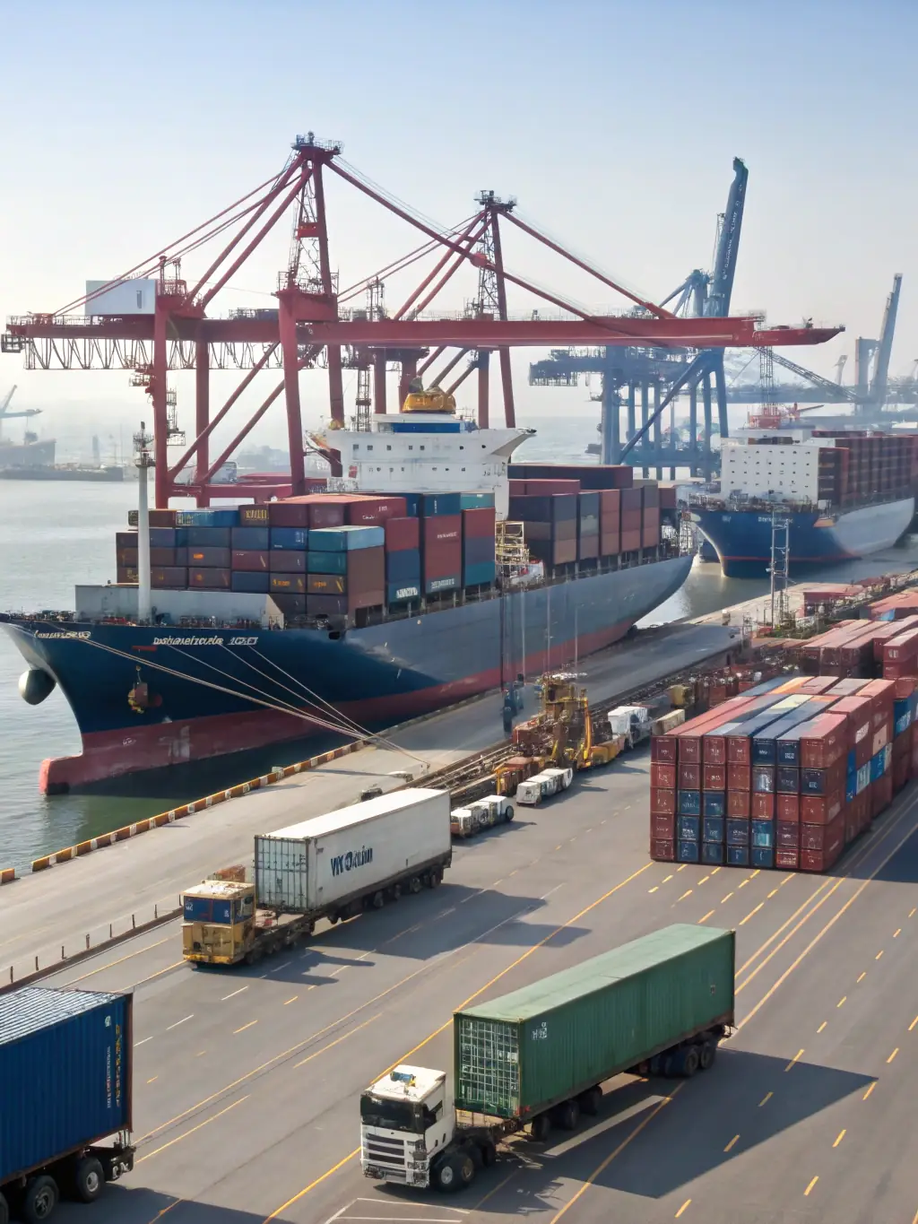 A high-resolution image of a large cargo ship at a port, loaded with new vehicles ready for export, with a city skyline in the background, representing global automotive trade for a consulting website.