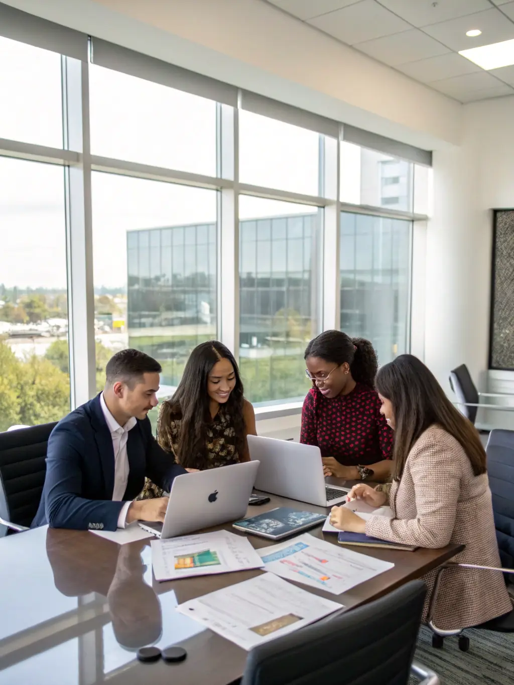 A group of professional consultants in business attire reviewing automotive market analytics on a digital tablet in a modern office, ideal for a consulting firm’s website.