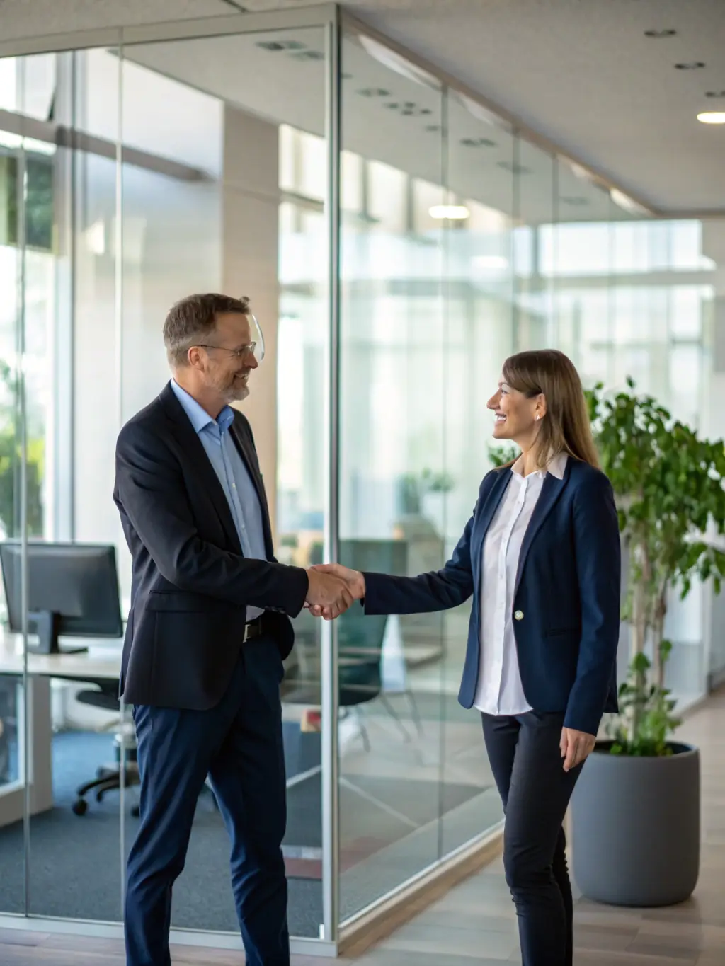 A professional consultant shaking hands with a car dealership manager in a modern office, with export documents and a world map in the background, representing international vehicle export consulting.