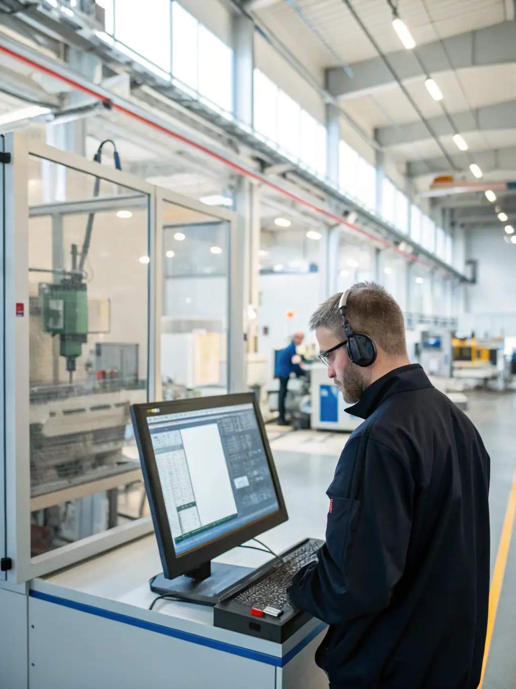 A technician using a tablet to monitor automated assembly lines in a car manufacturing facility, highlighting process automation and digital transformation in the automotive sector.