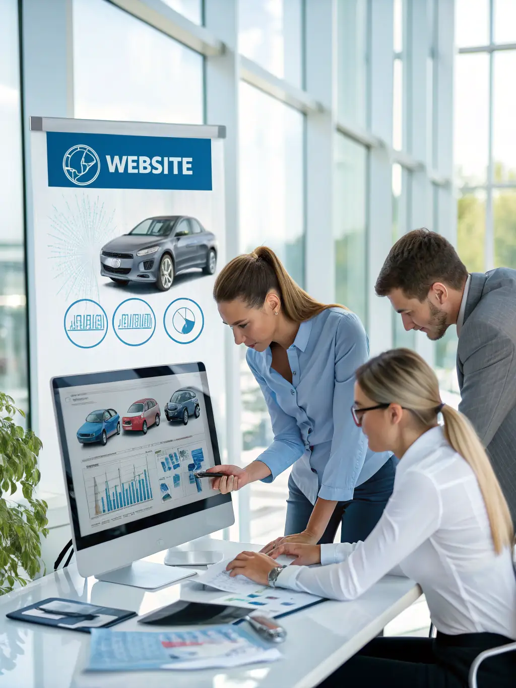 A creative marketing team brainstorming around a table with automotive posters, digital screens showing car ads, and branding materials, symbolizing advertising and marketing services for the automotive industry.
