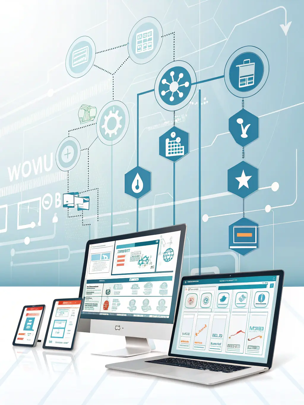A modern illustration of automated machinery, digital dashboards, and workflow charts, symbolizing process automation in the automotive sector for a consulting website.