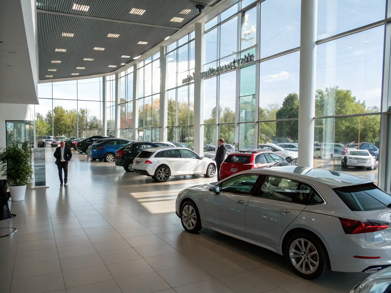 A fleet of diverse vehicles parked in a showroom, with a consultant pointing out options to a business client, illustrating efficient vehicle sourcing and selection.