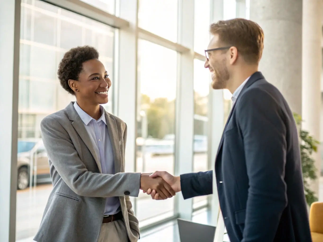 A professional consultant shaking hands with a client in a modern office, with vehicle documents and a laptop on the table, representing trust and personalized service in automotive transactions.